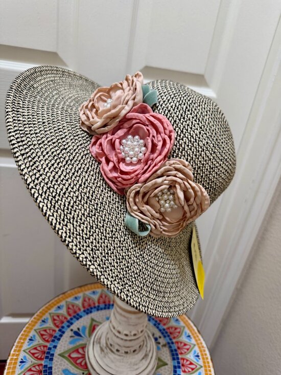 Elegant Women\'s Tweed Sun Hat With Satin Flowers And Pearls Wedding Tea Party main image 7